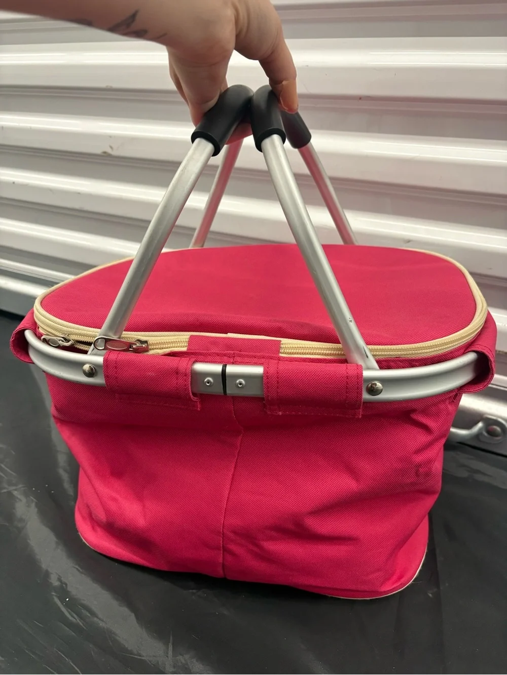 Pink Collapsible Tote Cooler Basket with Aluminum Frame